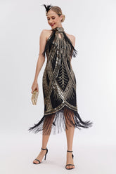Emilia Sequin Tassel Halter Neck Evening Dress In Blackgold